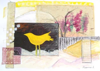 Yellow_bird_collage.mixed collage on paper. 20_ x 28_